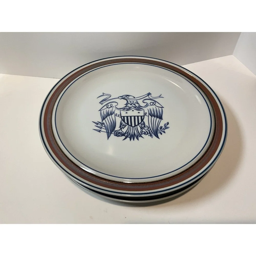 Salem Stoneware Plates Set of 4 American Eagle Blue/Brown‎ Rim